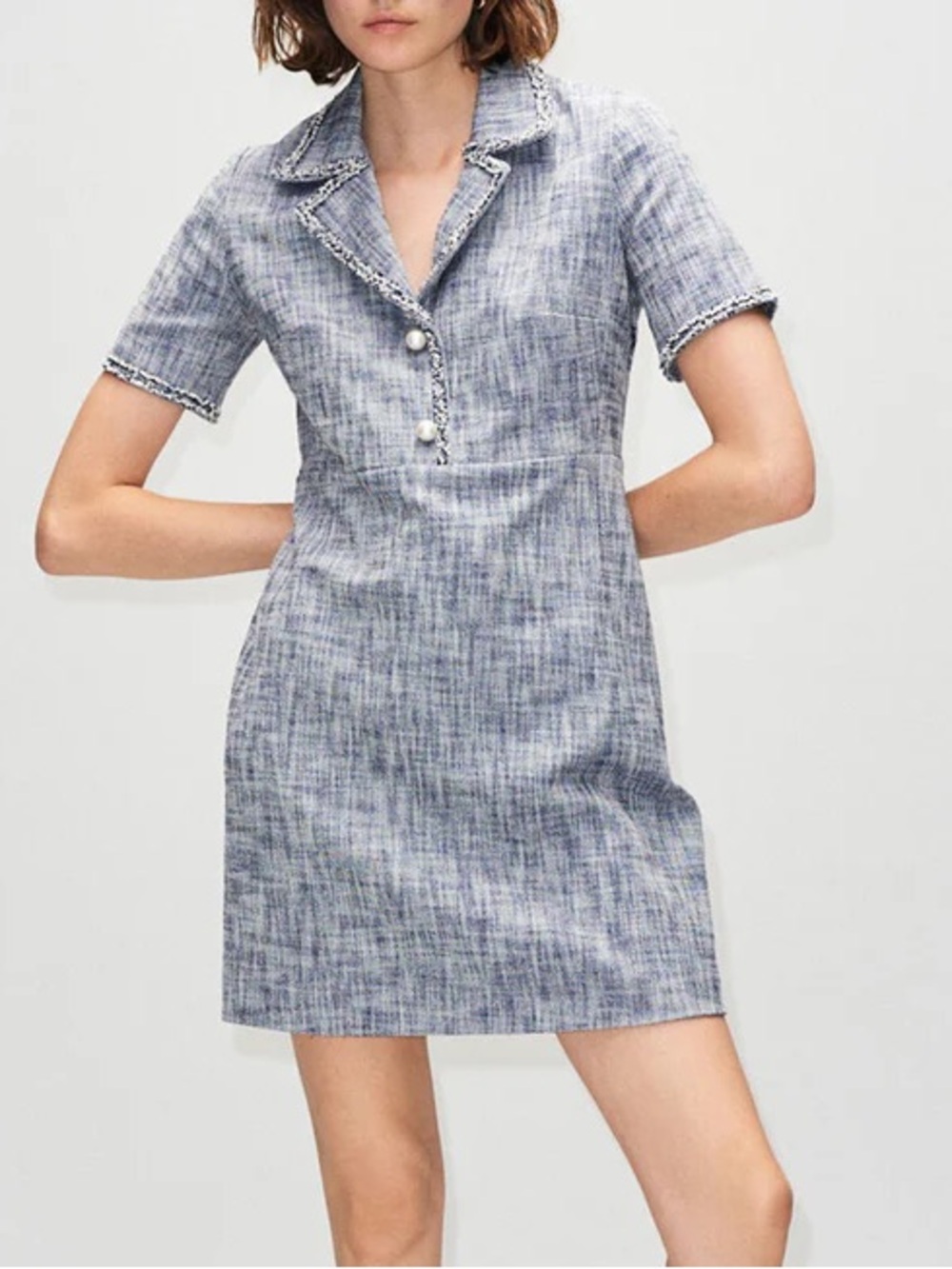Claudie Pierlot Light Tweed Suit Collar Dress w/ Pearl Buttons Size 8 EU 40